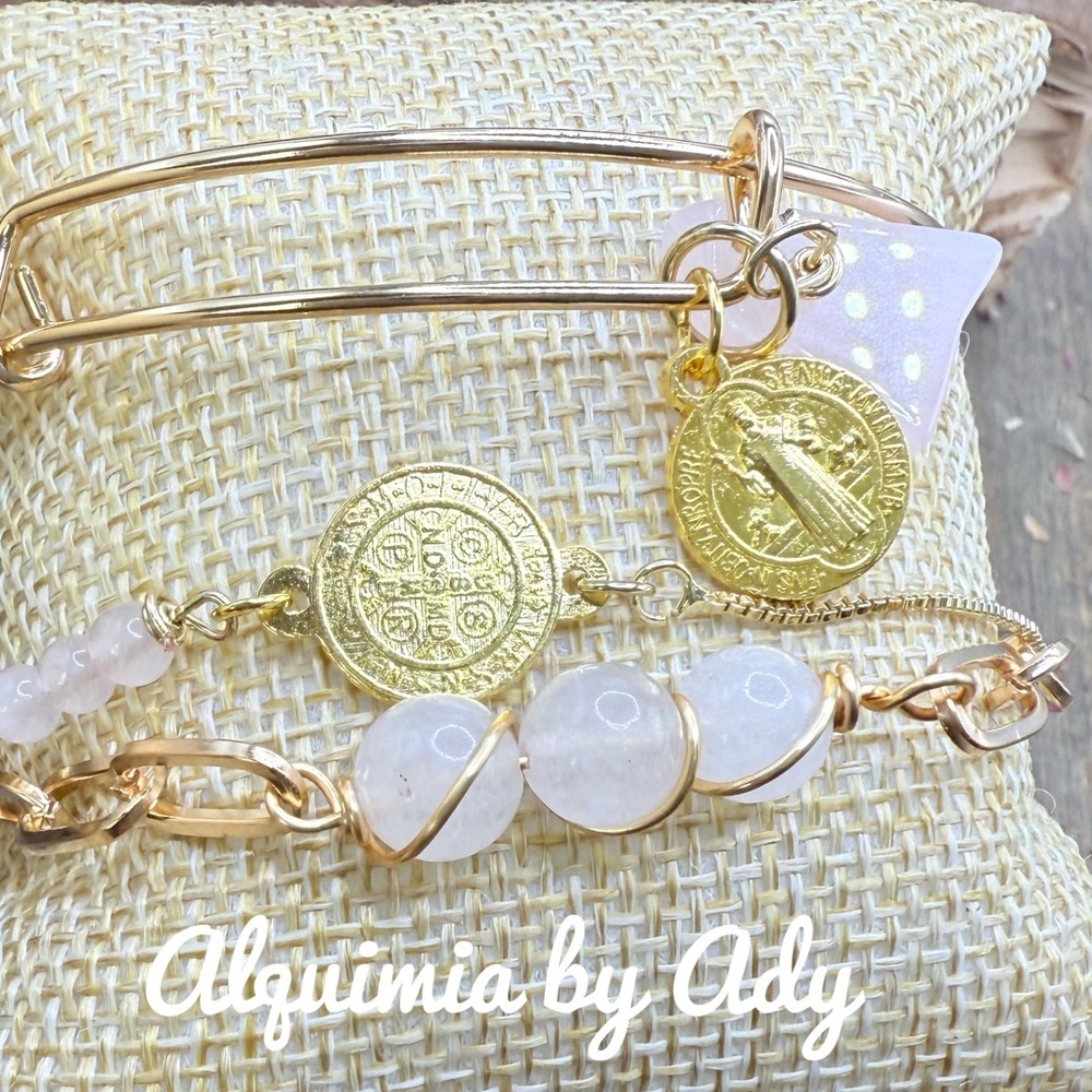 Gold and Pink quartz statement stack Bracelet set